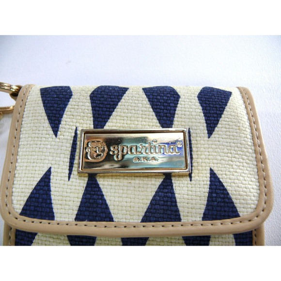 Spartina woven cream Canvas Wristlet flap Wallet leather trim ID window - Picture 3 of 8